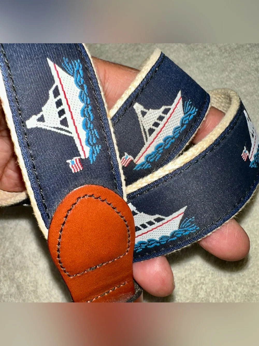 Vintage Leather Man Ltd Boat Ribbon Belt Brass Buckle Preppy Navy Sz 40